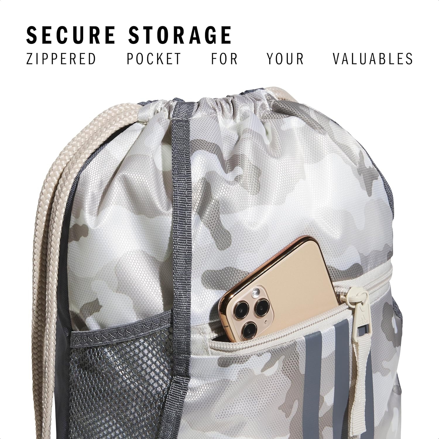 image:imageadidas Alliance Sackpack Drawstring Backpack for Sports Small Gym BagCamouflage Wonder BeigeOnix GreyAlumina Beige2