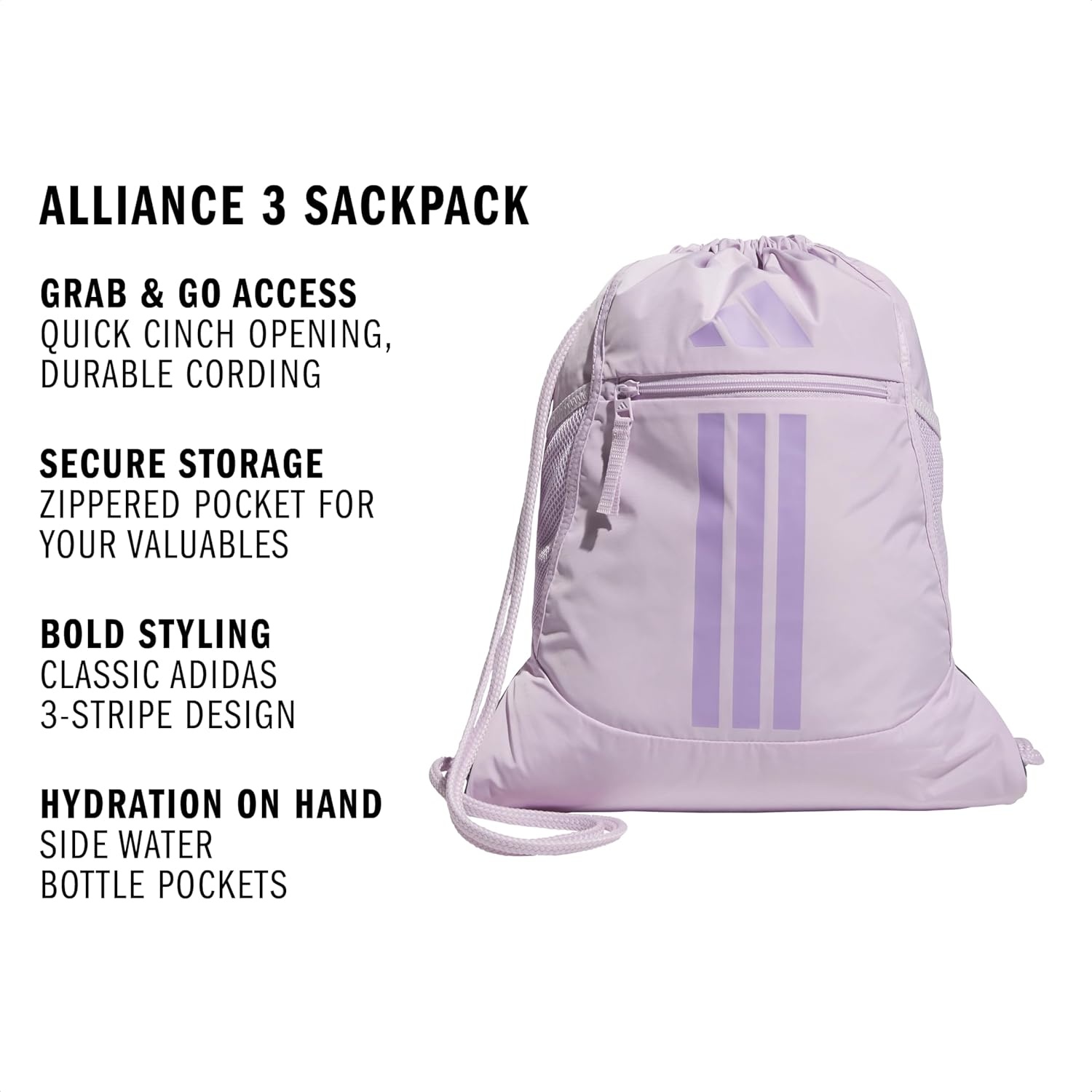 image:imageadidas Alliance Sackpack Drawstring Backpack for Sports Small Gym BagIce LavenderPowder Plum Purple3