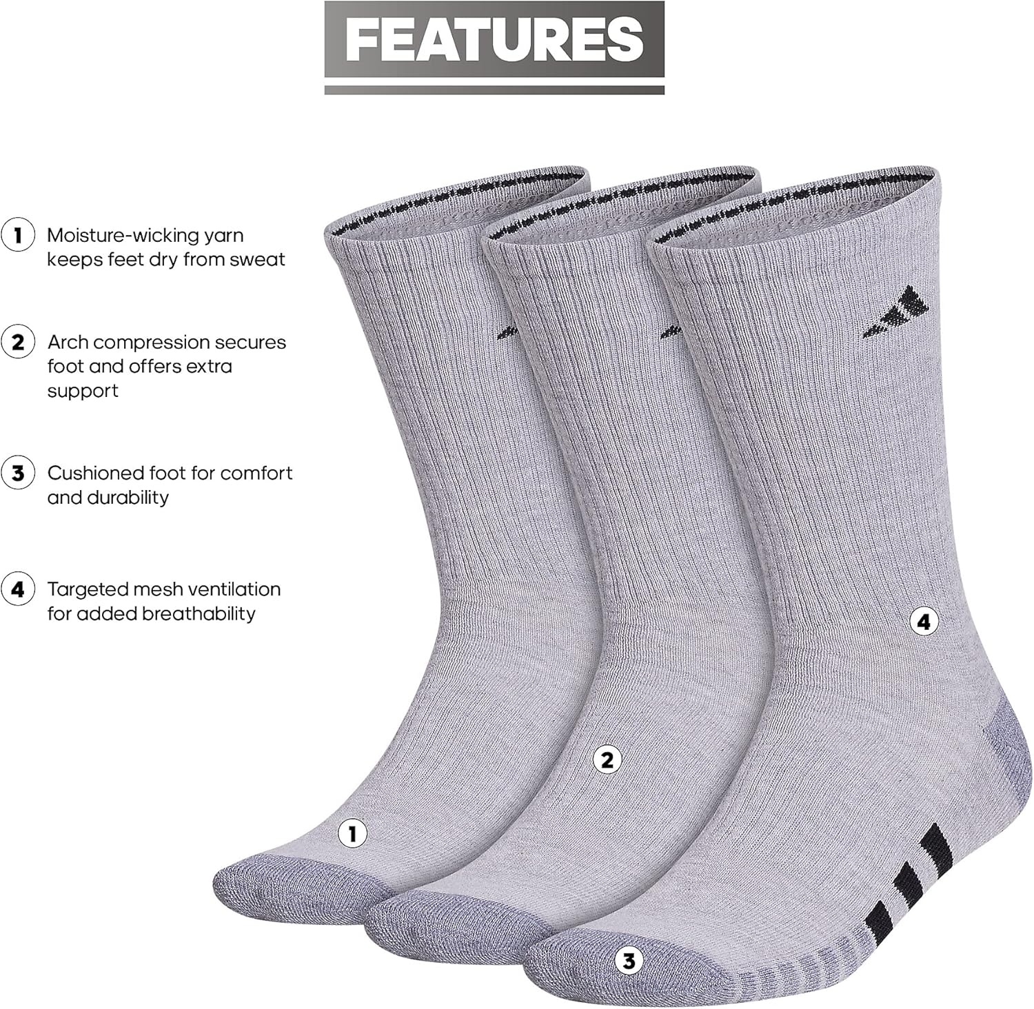 image:imageadidas Cushioned Crew Socks 3PairCool Light HeatherGreyBlack3