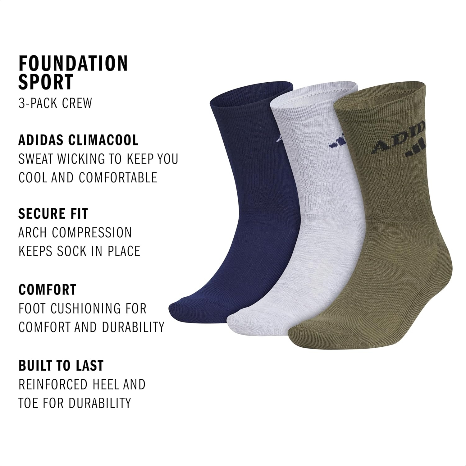 image:imageadidas Cushioned Crew Socks 3PairDark BlueCool Light HeatherOlive Strata GreenFoundation