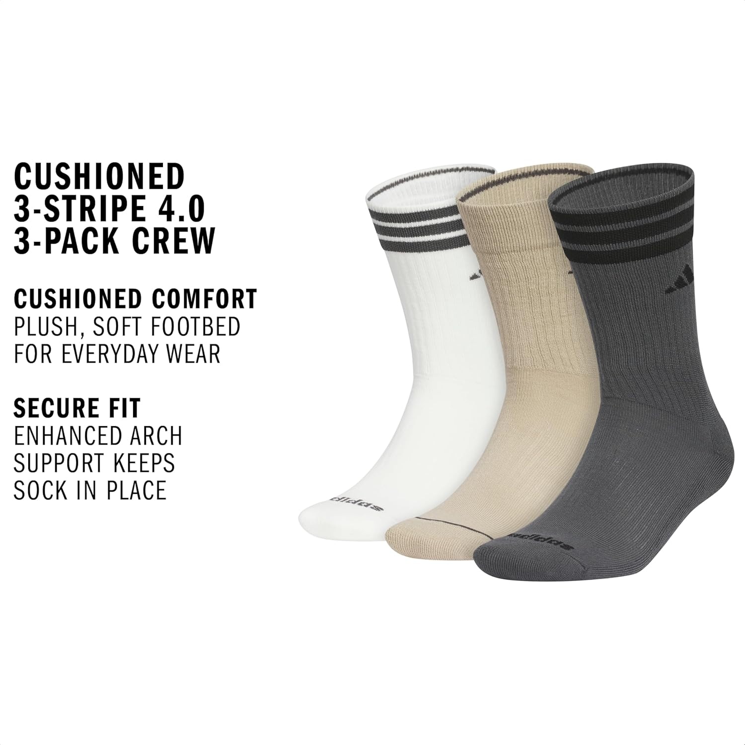 image:imageadidas Cushioned Crew Socks 3PairOff WhiteWonder Cargo KhakiGrey Six3stripe3