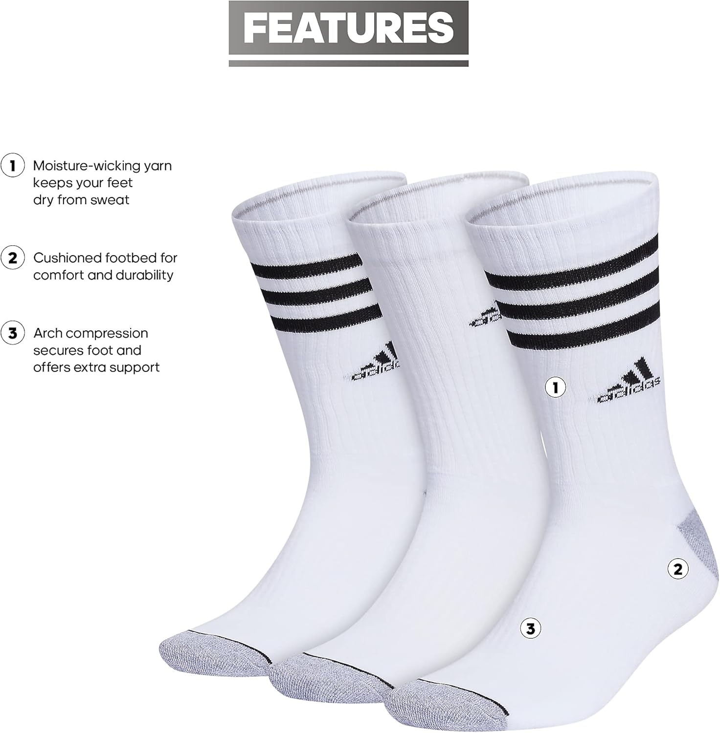 image:imageadidas Cushioned Crew Socks 3PairWhiteGreyBlack3stripe3