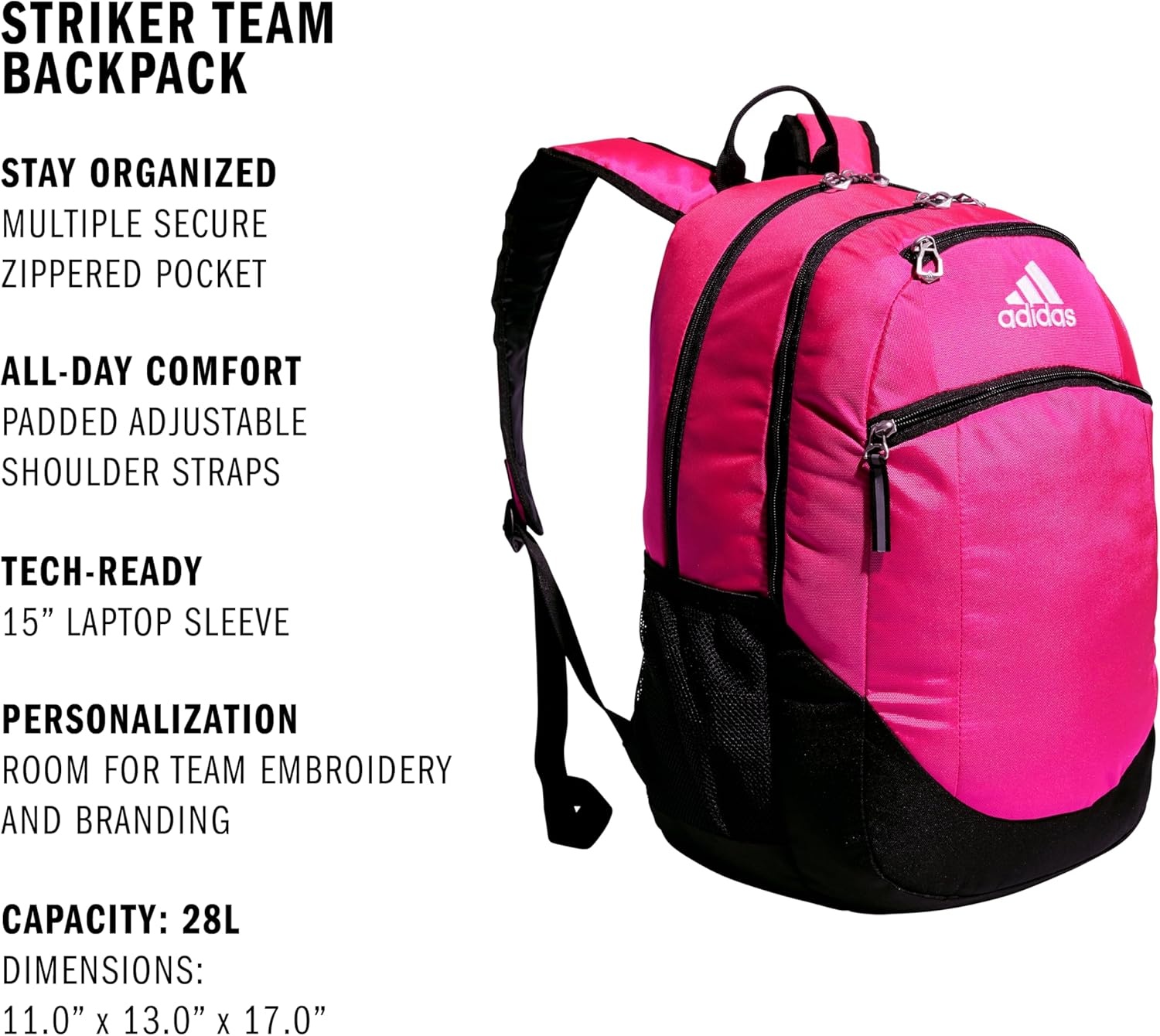 image:imageadidas Striker 3 Team Sports Backpack Daypack for Sports Gym Travel 36LShock PinkBlackWhite20 28l