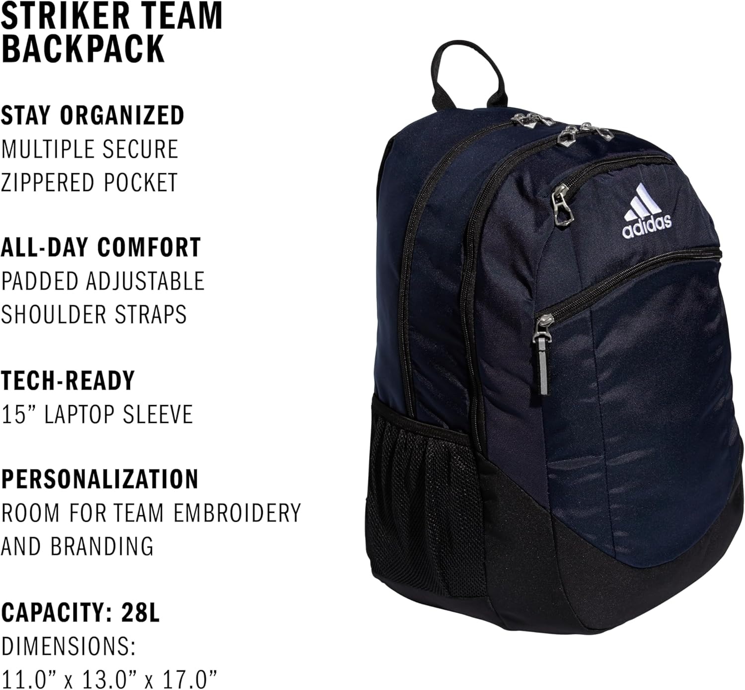 image:imageadidas Striker 3 Team Sports Backpack Daypack for Sports Gym Travel 36LTeam Navy BlueBlackWhite