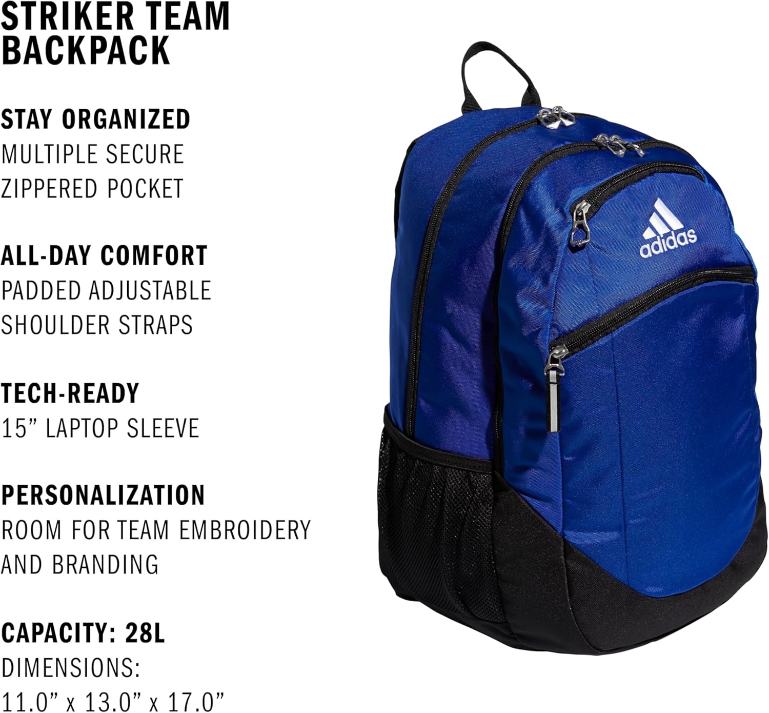 image:imageadidas Striker 3 Team Sports Backpack Daypack for Sports Gym Travel 36LTeam Royal BlueBlackWhite