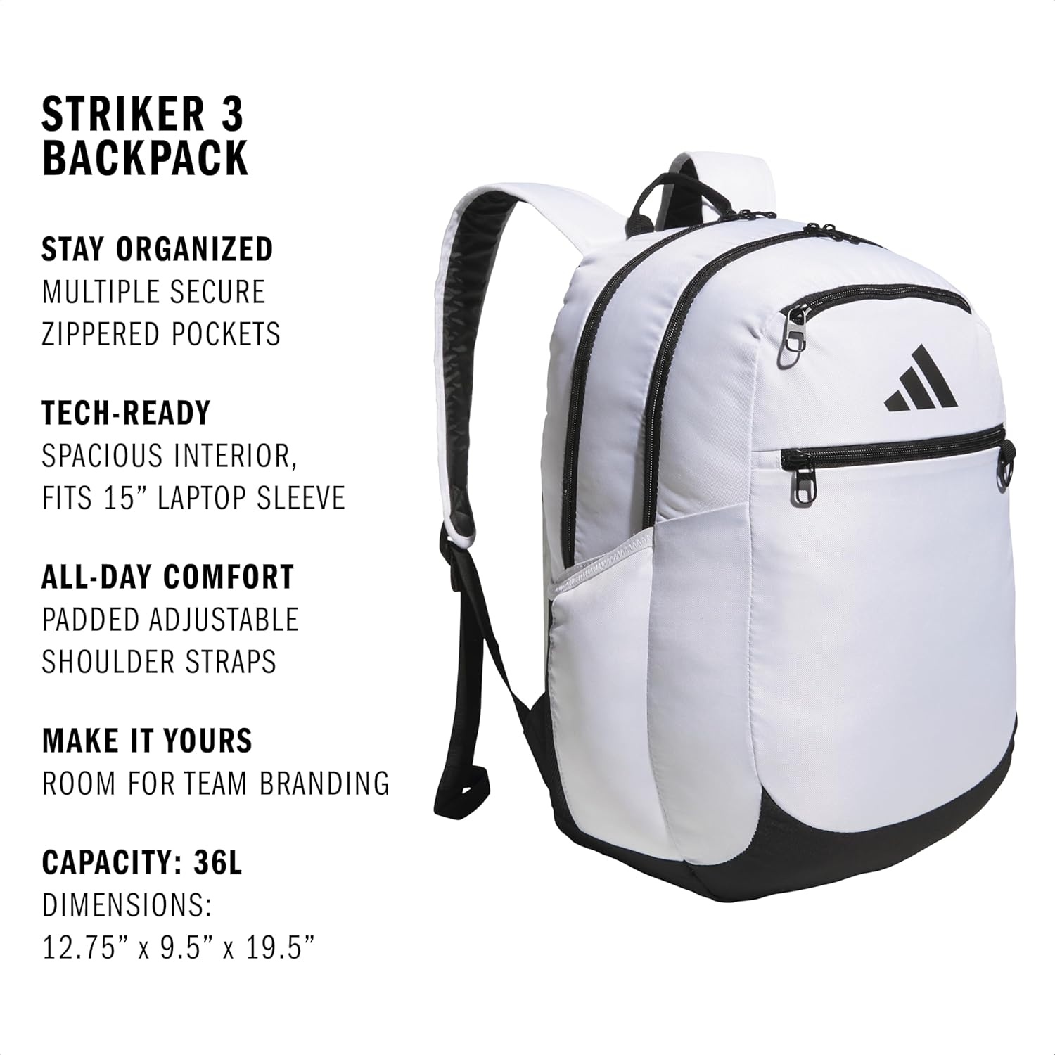 image:imageadidas Striker 3 Team Sports Backpack Daypack for Sports Gym Travel 36LWhiteBlack