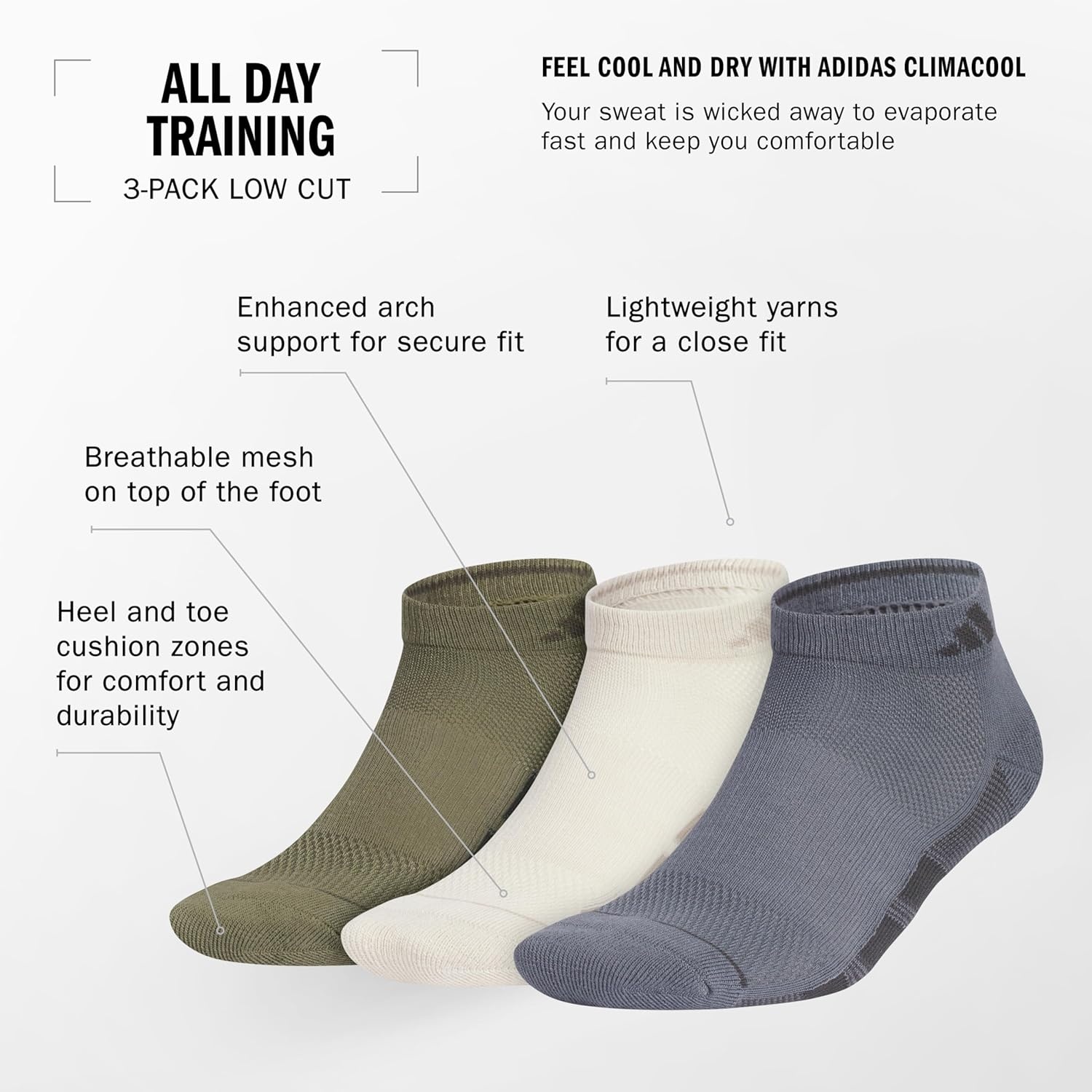 image:imageadidas Mens All Day Training Low Cut Ankle Socks 3 Pairs Lightweight PerformanceBlackOnix GreyNight Grey