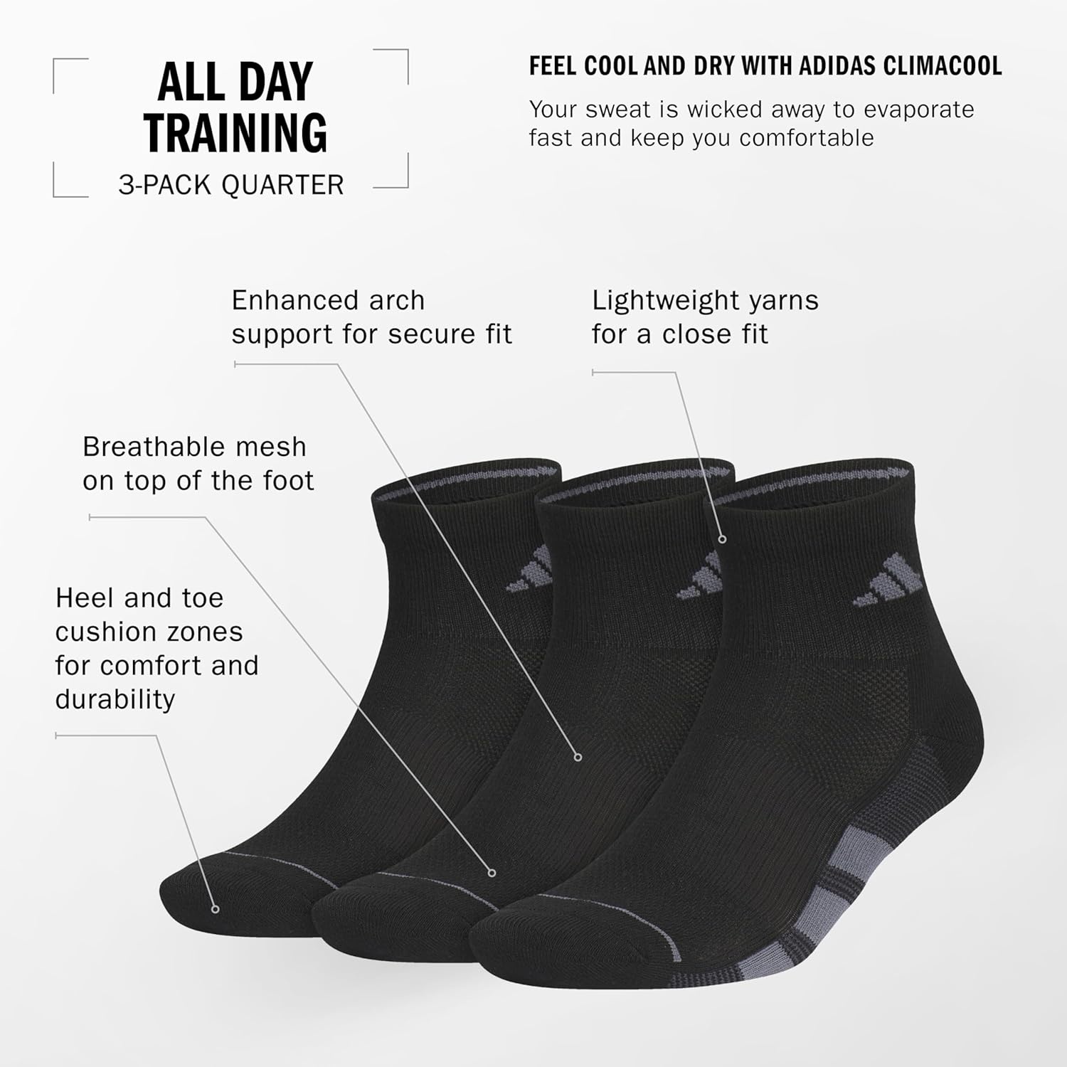 image:imageadidas Mens All Day Training Low Cut Ankle Socks 3 Pairs Lightweight PerformanceCool Light HeatherOnix GreyGrey