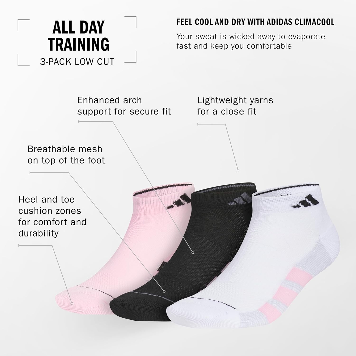 image:imageadidas Mens All Day Training Low Cut Ankle Socks 3 Pairs Lightweight PerformanceWhiteBlackClear Onix Grey
