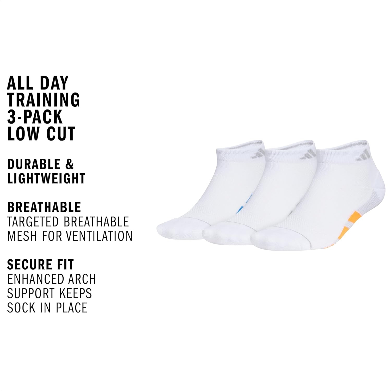 image:imageadidas Mens All Day Training Low Cut Ankle Socks 3 Pairs Lightweight PerformanceWhiteRay BluePure Orange