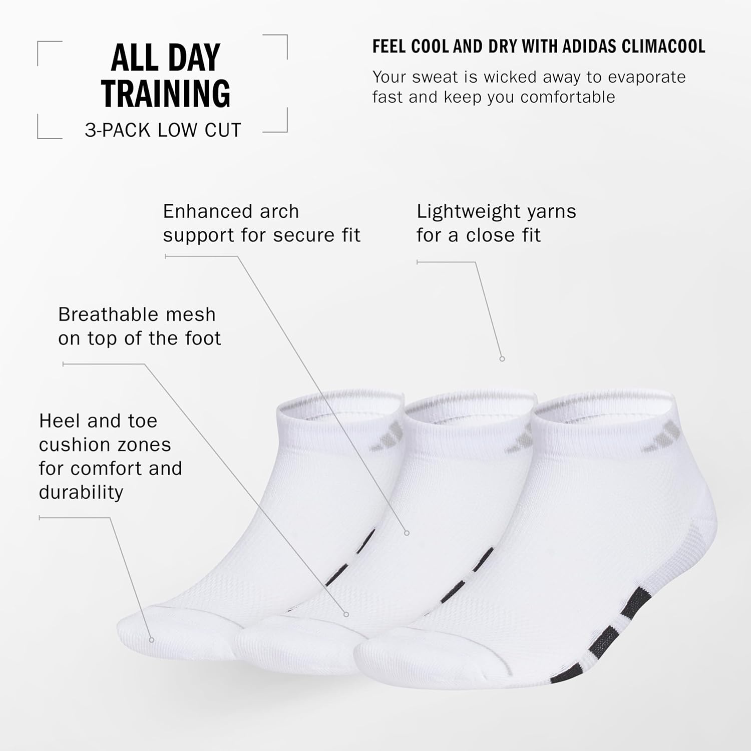 image:imageadidas Mens All Day Training Low Cut Ankle Socks 3 Pairs Lightweight PerformanceWhiteSemi Court GreenDark Blue