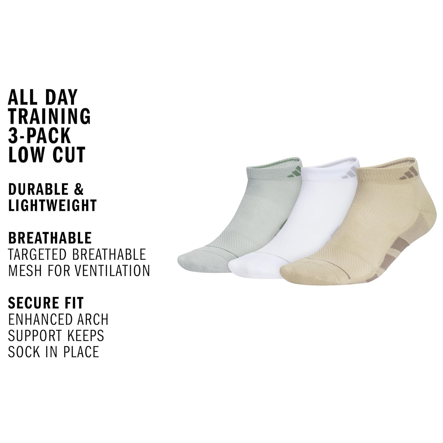 image:imageadidas Mens All Day Training Low Cut Ankle Socks 3 Pairs Lightweight PerformanceWonder Sage GreenWhiteWonder Cargo Khaki