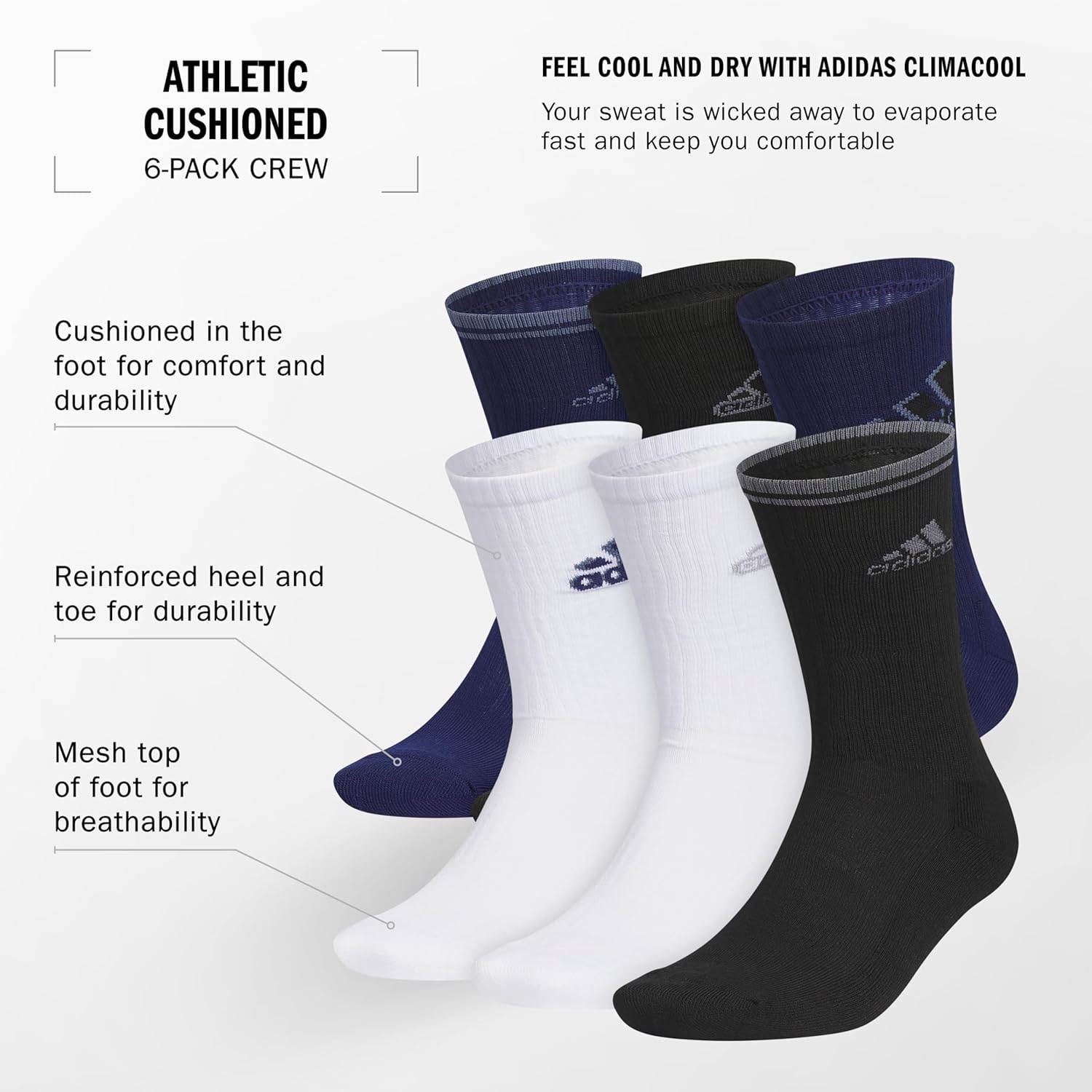 image:imageadidas Mens Athletic Cushioned Crew Socks 6 Pairs Durable amp ComfortableDark BlueWhiteBlackMixed2