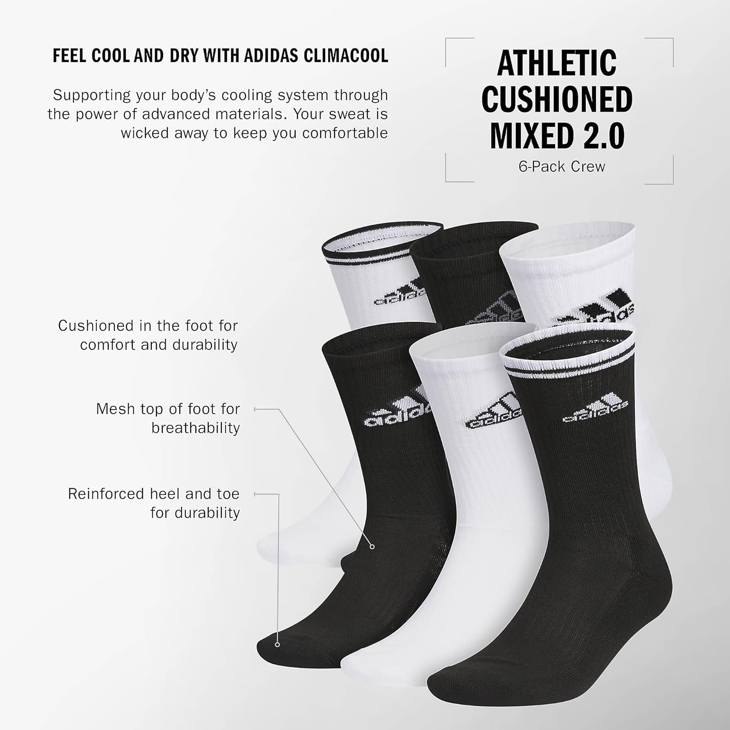 image:imageadidas Mens Athletic Cushioned Crew Socks 6 Pairs Durable amp ComfortableWhiteBlackMixed2