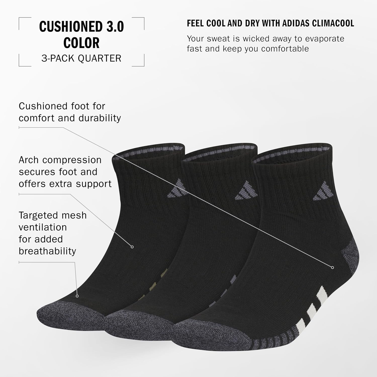 image:imageadidas Mens Cushioned Quarter Ankle Socks 3 Pairs Durable amp ComfortableBlackOlive Strata GreenWonder Alumina Grey3Color