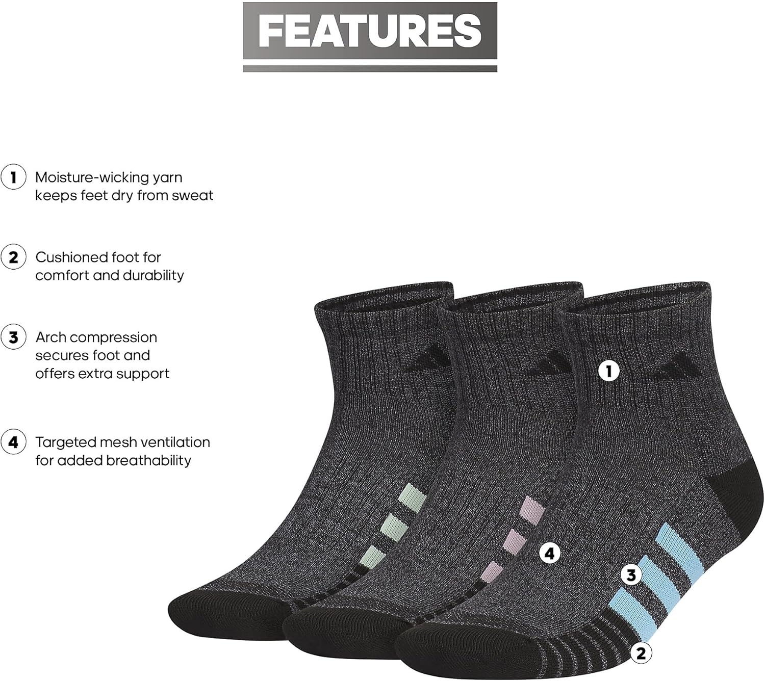 image:imageadidas Mens Cushioned Quarter Ankle Socks 3 Pairs Durable amp ComfortableBlackOnix GreySemi Blue Burst3Color