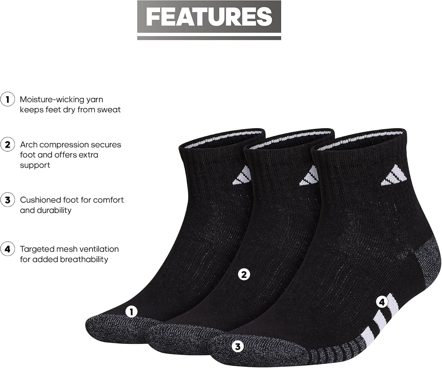 image:imageadidas Mens Cushioned Quarter Ankle Socks 3 Pairs Durable amp ComfortableBlackOnix GreyWhite3