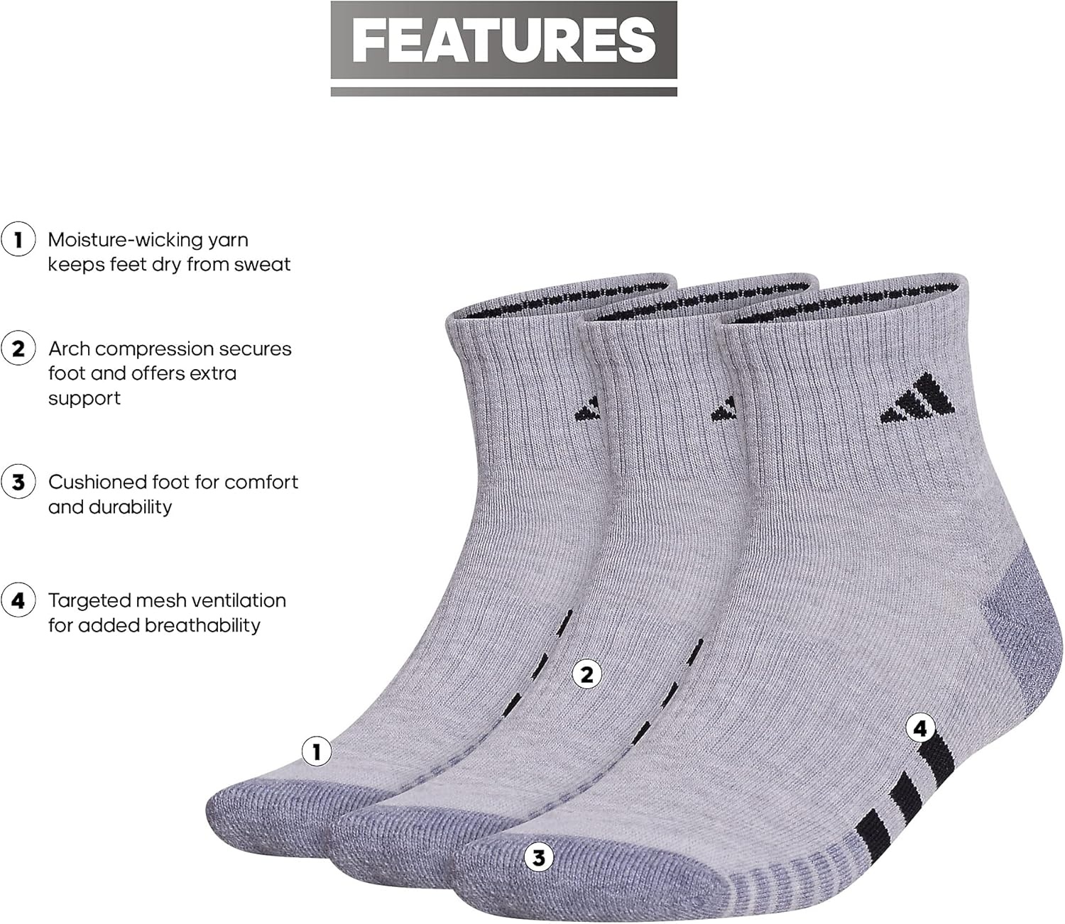 image:imageadidas Mens Cushioned Quarter Ankle Socks 3 Pairs Durable amp ComfortableCool Light HeatherGreyBlack3