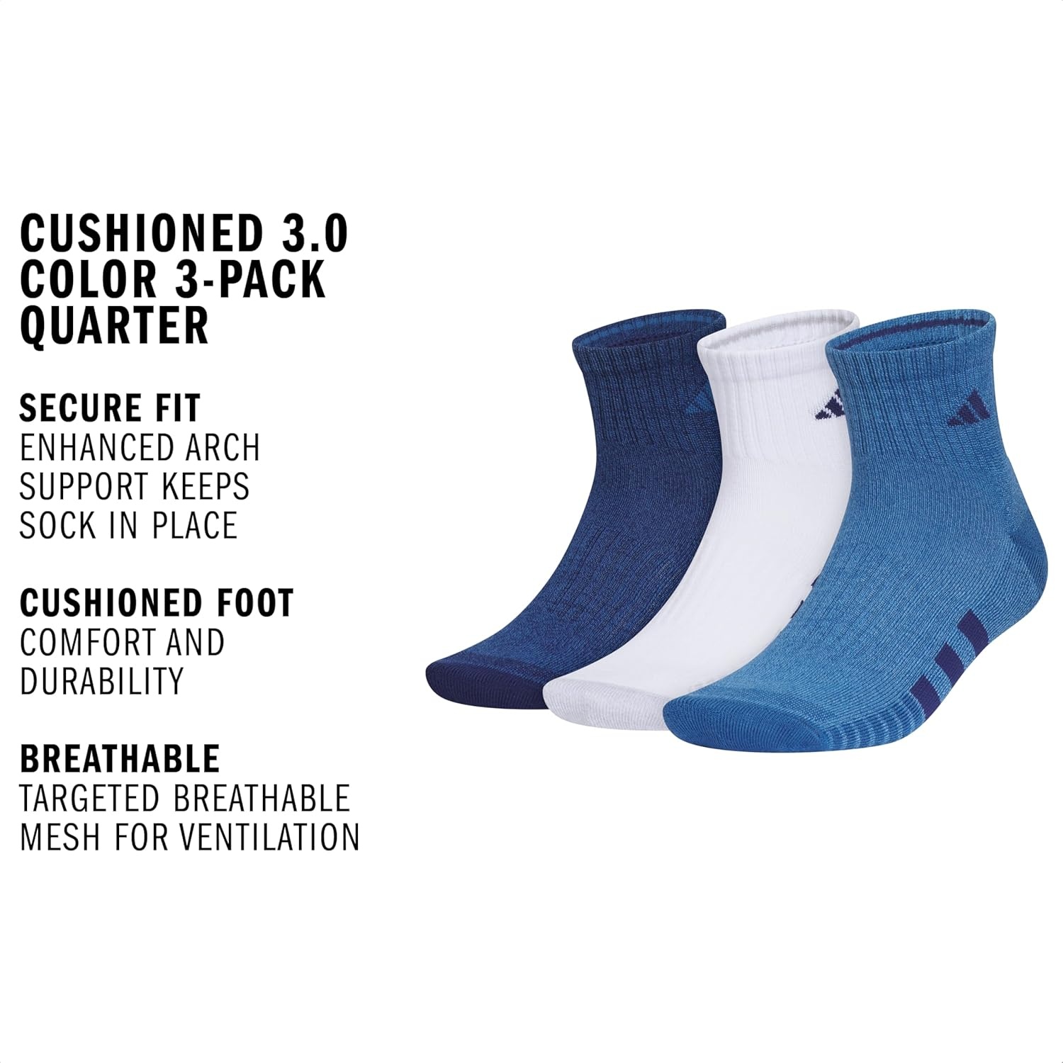 image:imageadidas Mens Cushioned Quarter Ankle Socks 3 Pairs Durable amp ComfortableDark BlueWhiteDusky Ink Blue3Color
