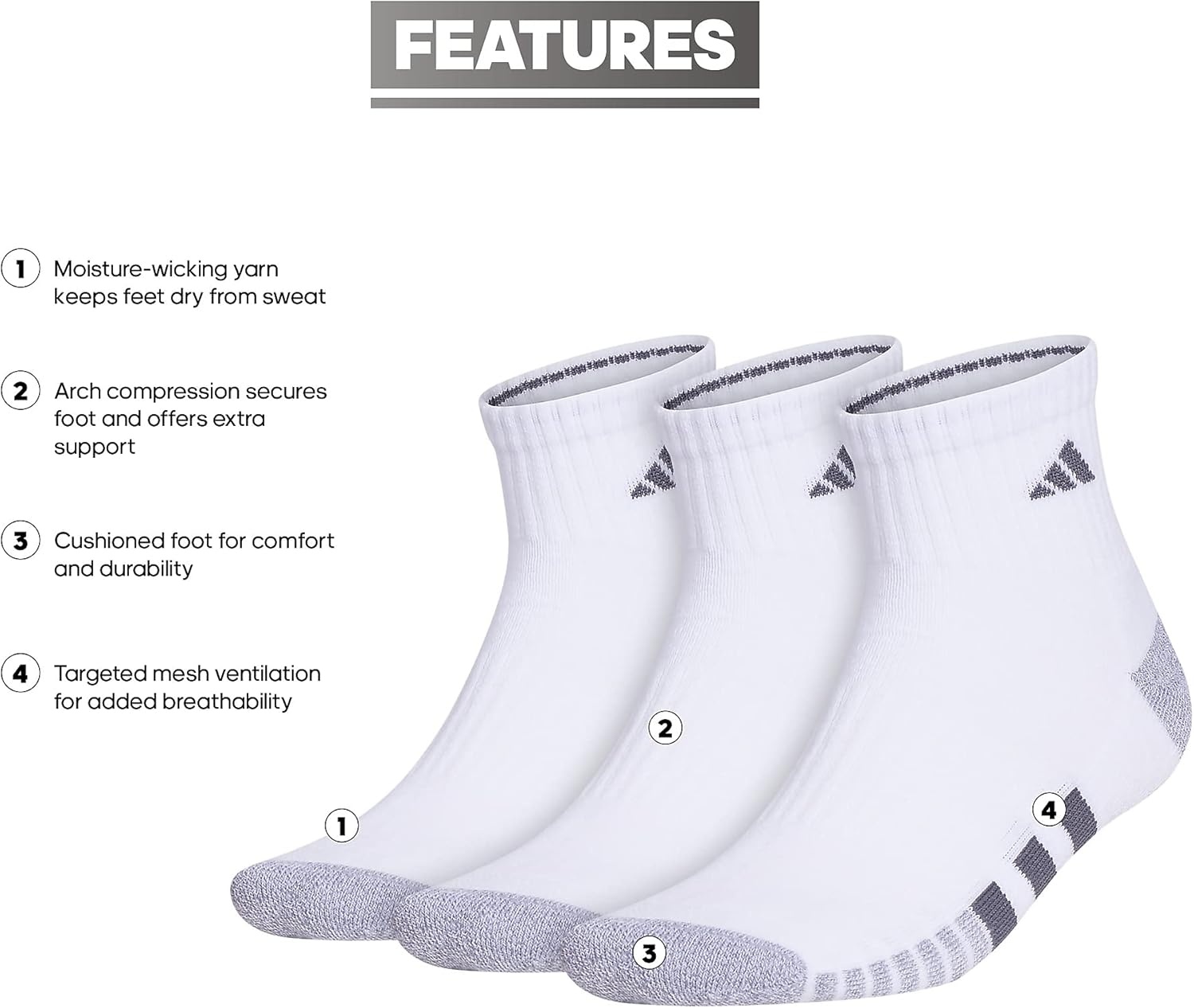 image:imageadidas Mens Cushioned Quarter Ankle Socks 3 Pairs Durable amp ComfortableWhiteGreyOnix Grey3