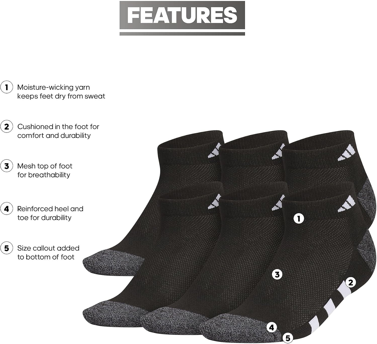 image:imageadidas Boys Cushioned Angle Stripe Low Cut Socks 6Pack Little KidBig KidAdultBlackOnix GreyWhite