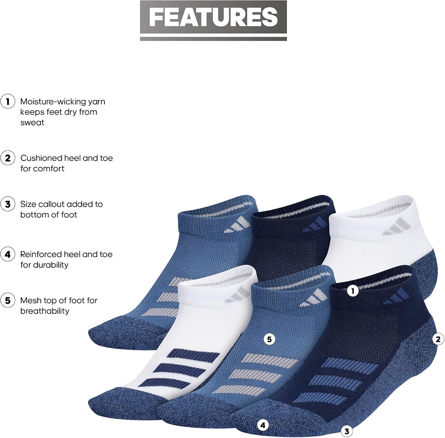 image:imageadidas Boys Cushioned Angle Stripe Low Cut Socks 6Pack Little KidBig KidAdultWhiteCollegiate NavyWonder Steel BlueStripe