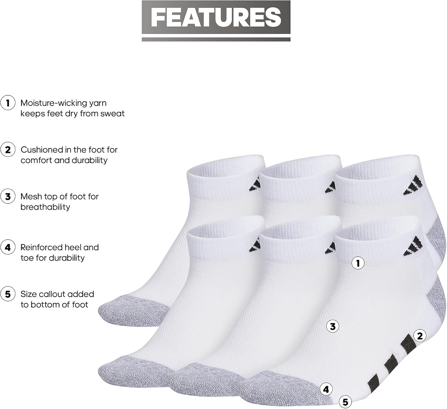 image:imageadidas Boys Cushioned Angle Stripe Low Cut Socks 6Pack Little KidBig KidAdultWhiteGreyBlack