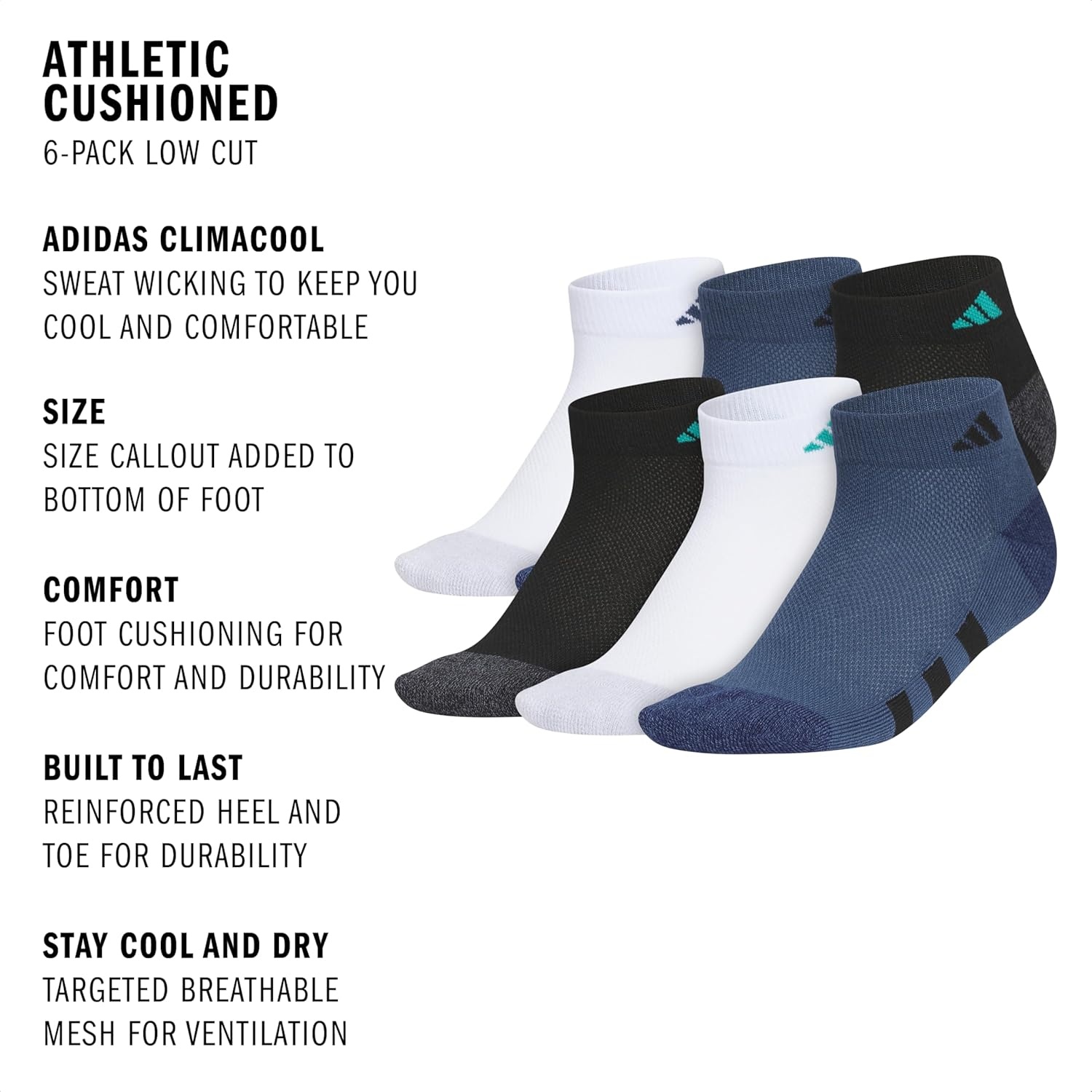 image:imageadidas Boys Cushioned Angle Stripe Low Cut Socks 6Pack Little KidBig KidAdultWhitePure Teal GreenMineral Blue