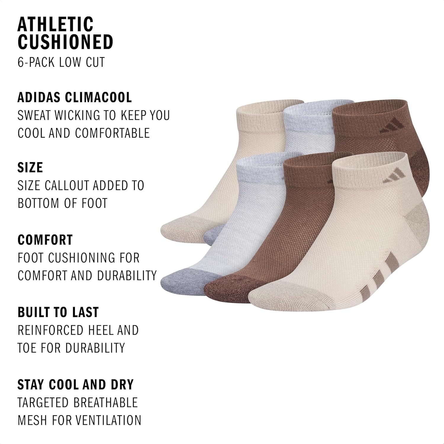 image:imageadidas Boys Cushioned Angle Stripe Low Cut Socks 6Pack Little KidBig KidAdultWonder BeigeCool Light HeatherEarth Strata Brown