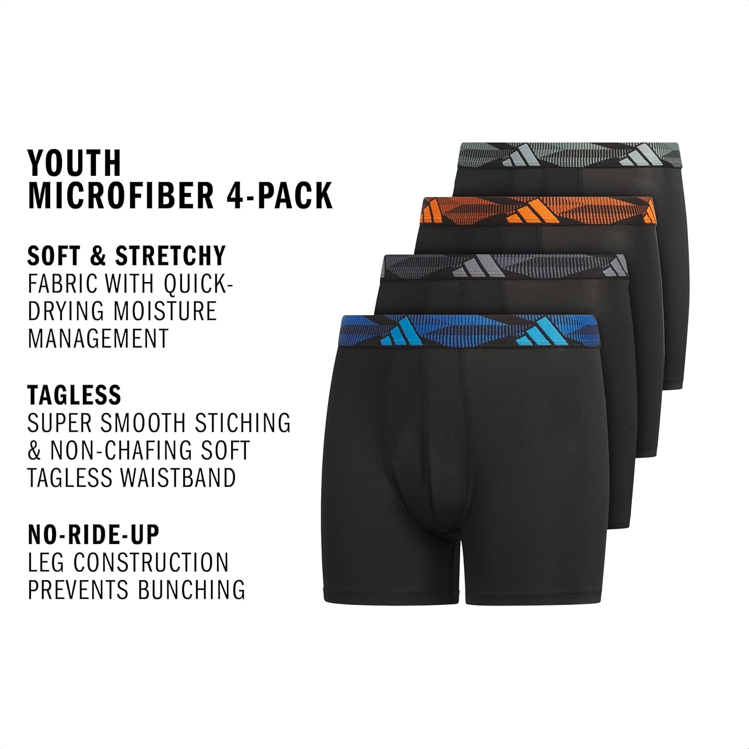 image:imageadidas Boys Performance Microfiber Boxer Briefs 4Pack or 3Pack Kids Graphic UnderwearBlackLucid AquamarinePure Orange