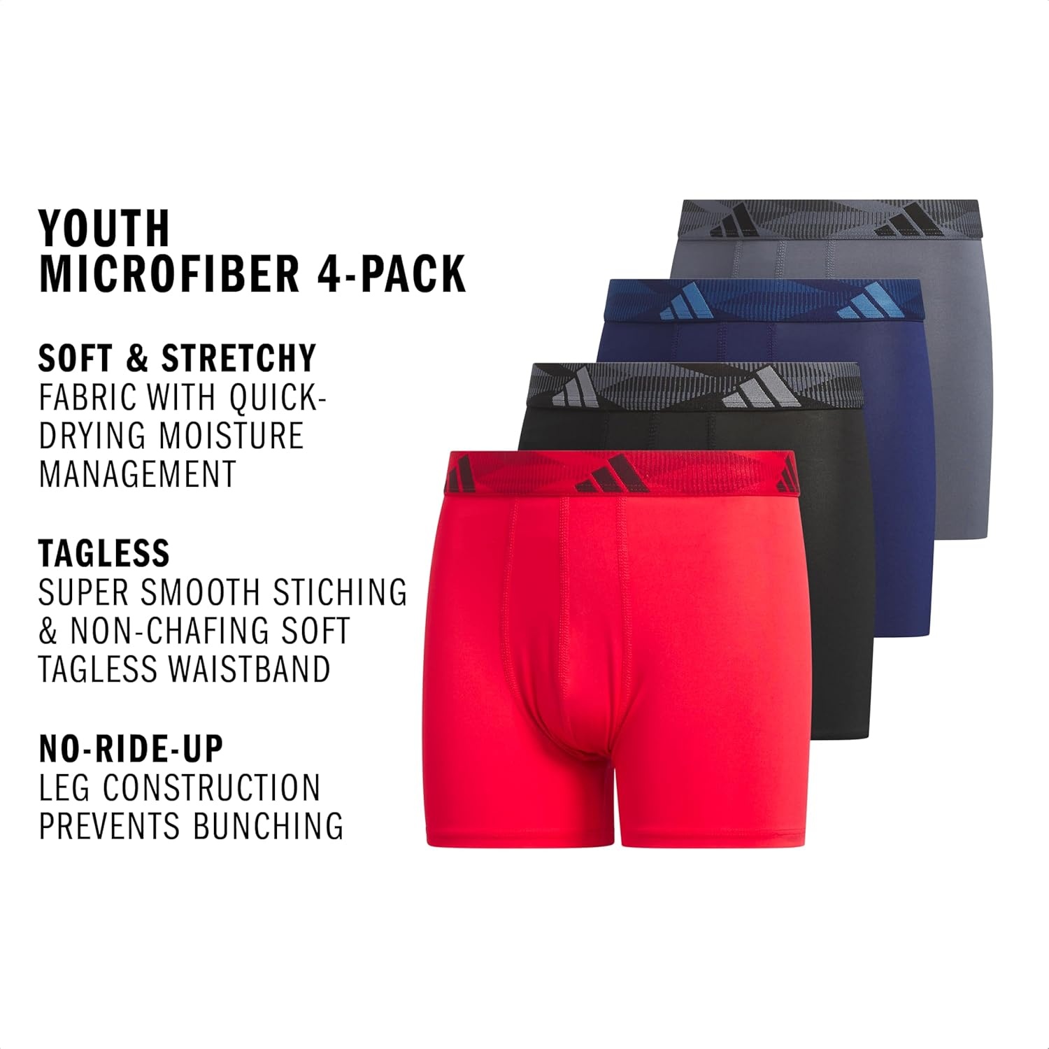 image:imageadidas Boys Performance Microfiber Boxer Briefs 4Pack or 3Pack Kids Graphic UnderwearPure Ruby RedBlackDark Blue