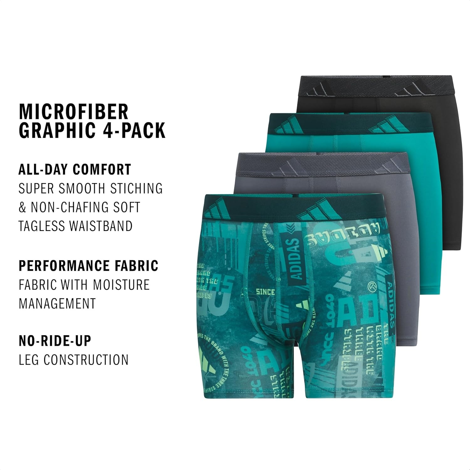 image:imageadidas Boys Performance Microfiber Boxer Briefs 4Pack or 3Pack Kids Graphic UnderwearUpscaled Mix Pure Teallime BurstOnix GreyPure Teal GreenGraphic
