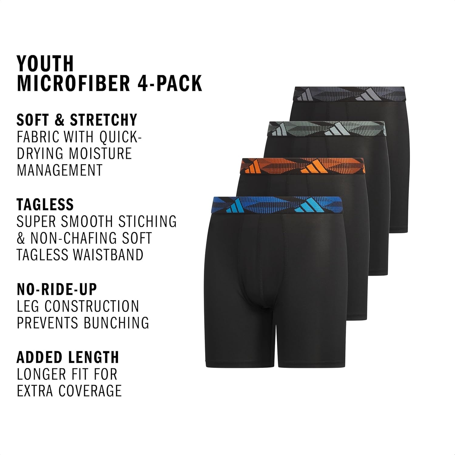 image:imageadidas Boys Performance Microfiber Long Boxer Briefs 4Pack or 3Pack Kids UnderwearBlackLucid AquamarinePure OrangeLong