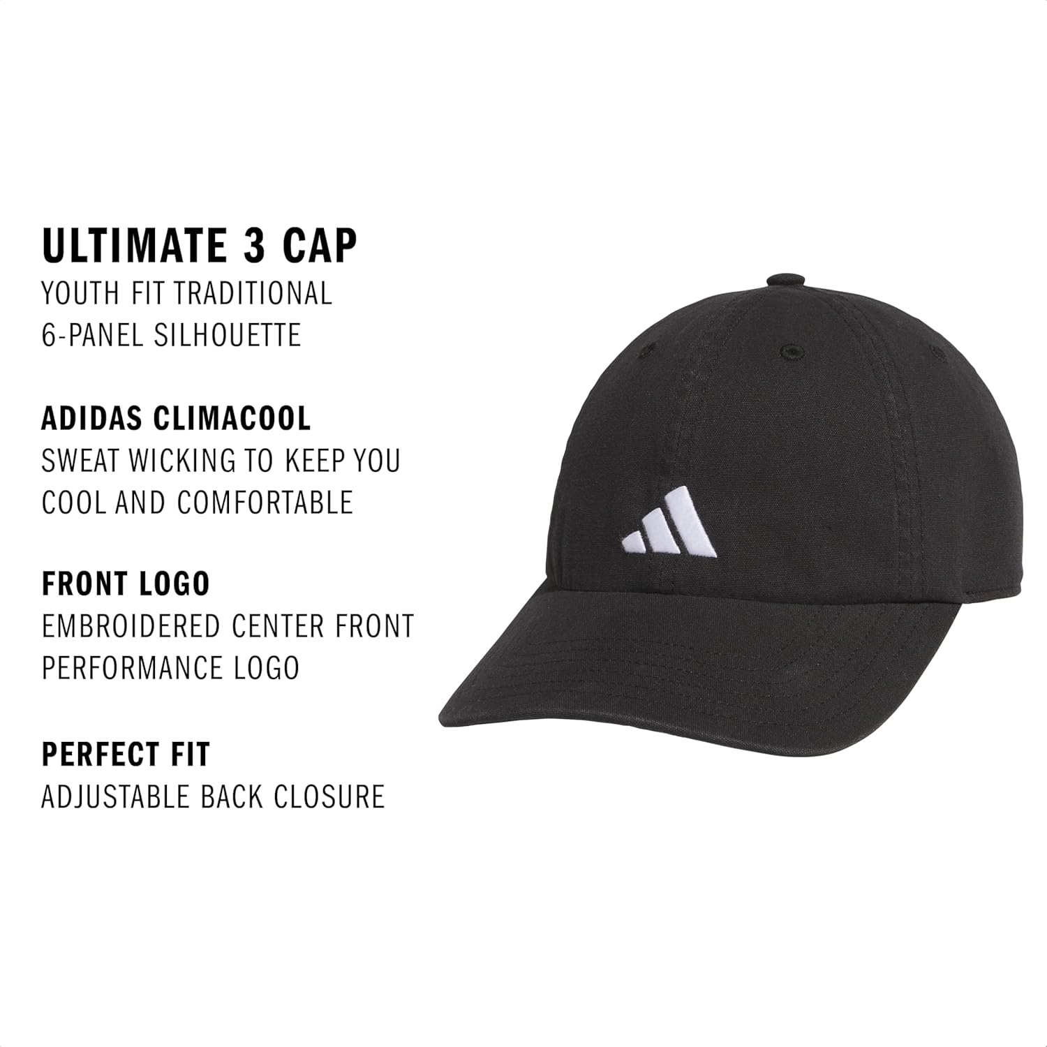 image:imageadidas Boys Ultimate 3 Hat Kids Athletic Relaxed Cotton Strapback HatBlack