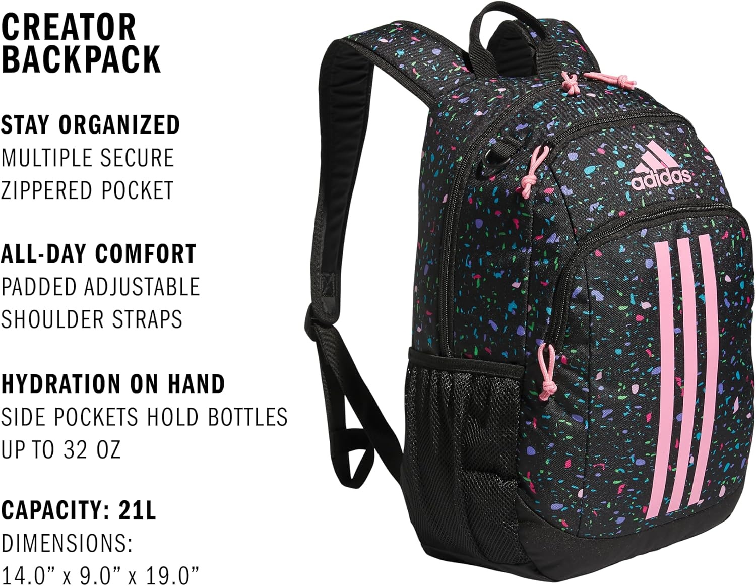 image:imageadidas Creator School Backpack for Girls amp Boys Durable BookbagSpeckle BlackBliss PinkBlack