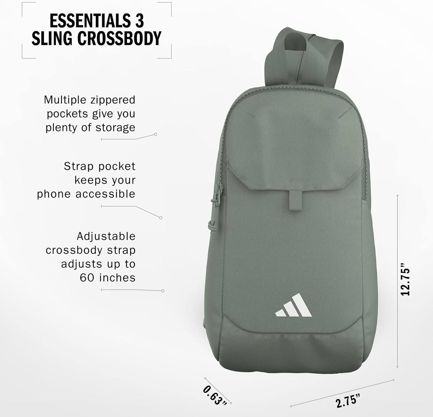 image:imageadidas Essentials 3 Sling Crossbody Bag 5L Wonder Alumina Grey One SizeSilver Green