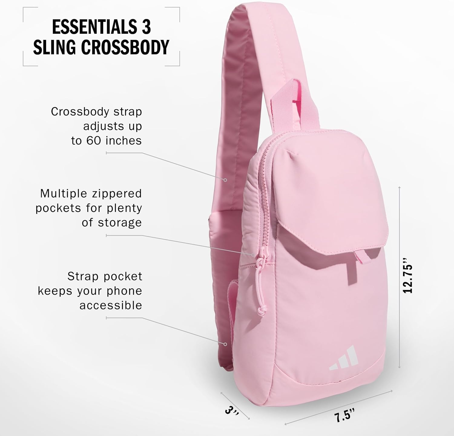 image:imageadidas Essentials 3 Sling Crossbody Bag 5L Wonder Alumina Grey One SizeTrue Pink