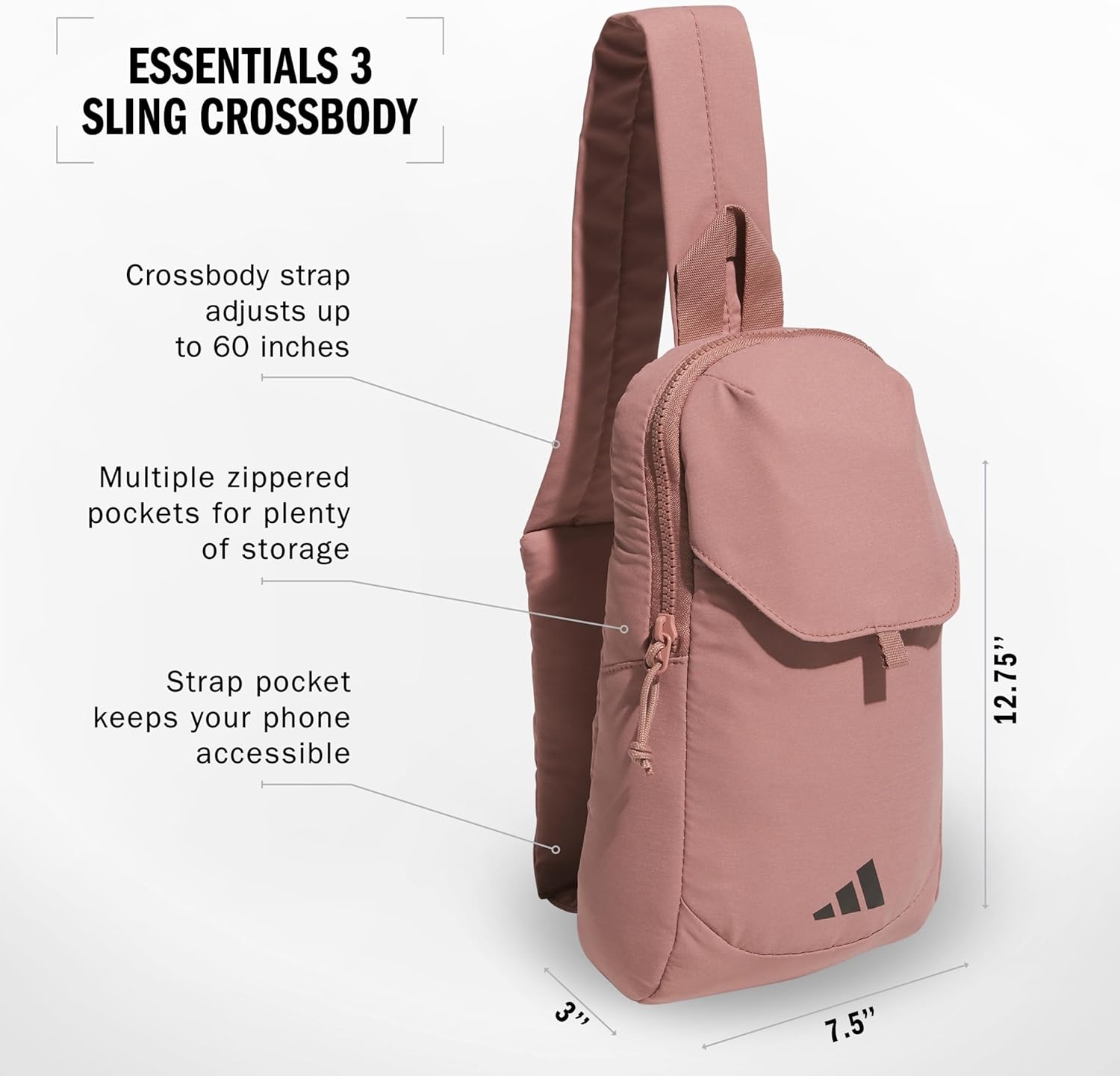 image:imageadidas Essentials 3 Sling Crossbody Bag 5L Wonder Alumina Grey One SizeWarm Clay Pink