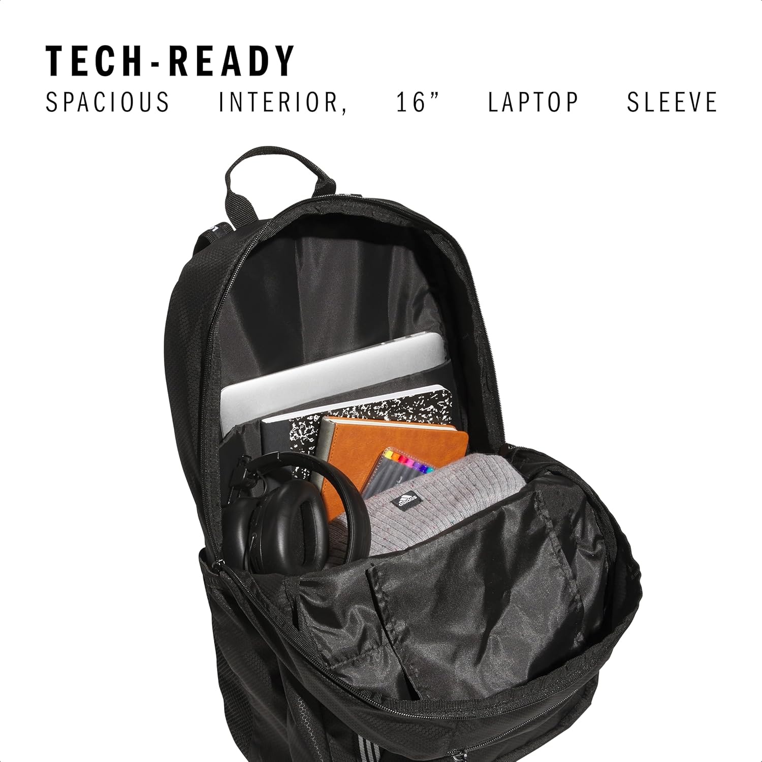 image:imageadidas Excel 7 School Backpack for Laptop Gym and Travel 34LBlackWhite 3 Stripe Webbing75