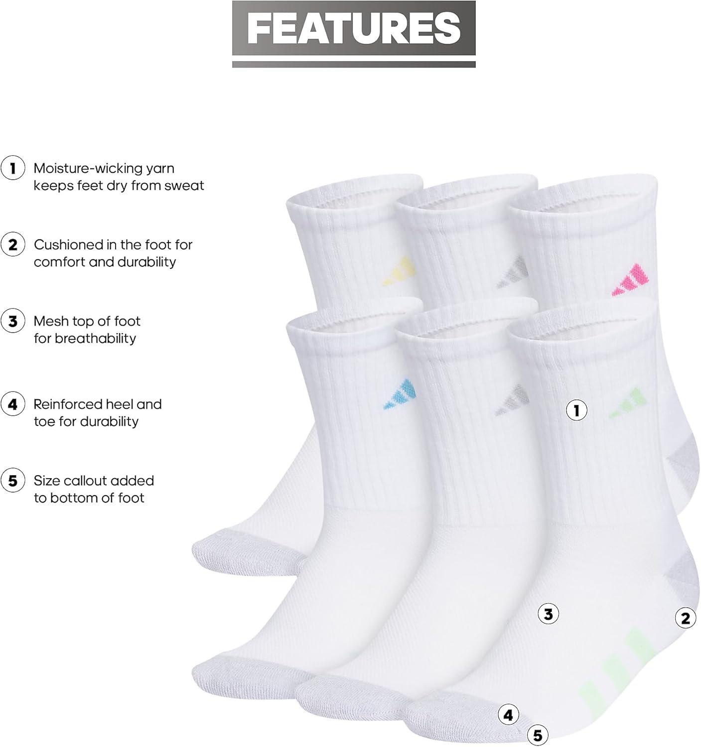 image:imageadidas Kids Cushioned Crew Socks for Boys amp Girls 6 Pairs Durable amp ComfortableGirlsWhiteWhiteclear Onix GreyPulse Magenta Pink