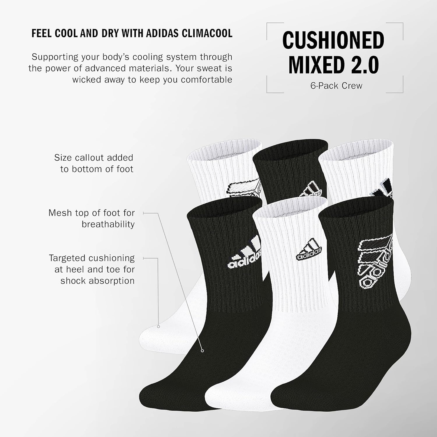 image:imageadidas Kids Cushioned Crew Socks for Boys amp Girls 6 Pairs Durable amp ComfortableMixedWhiteBlack