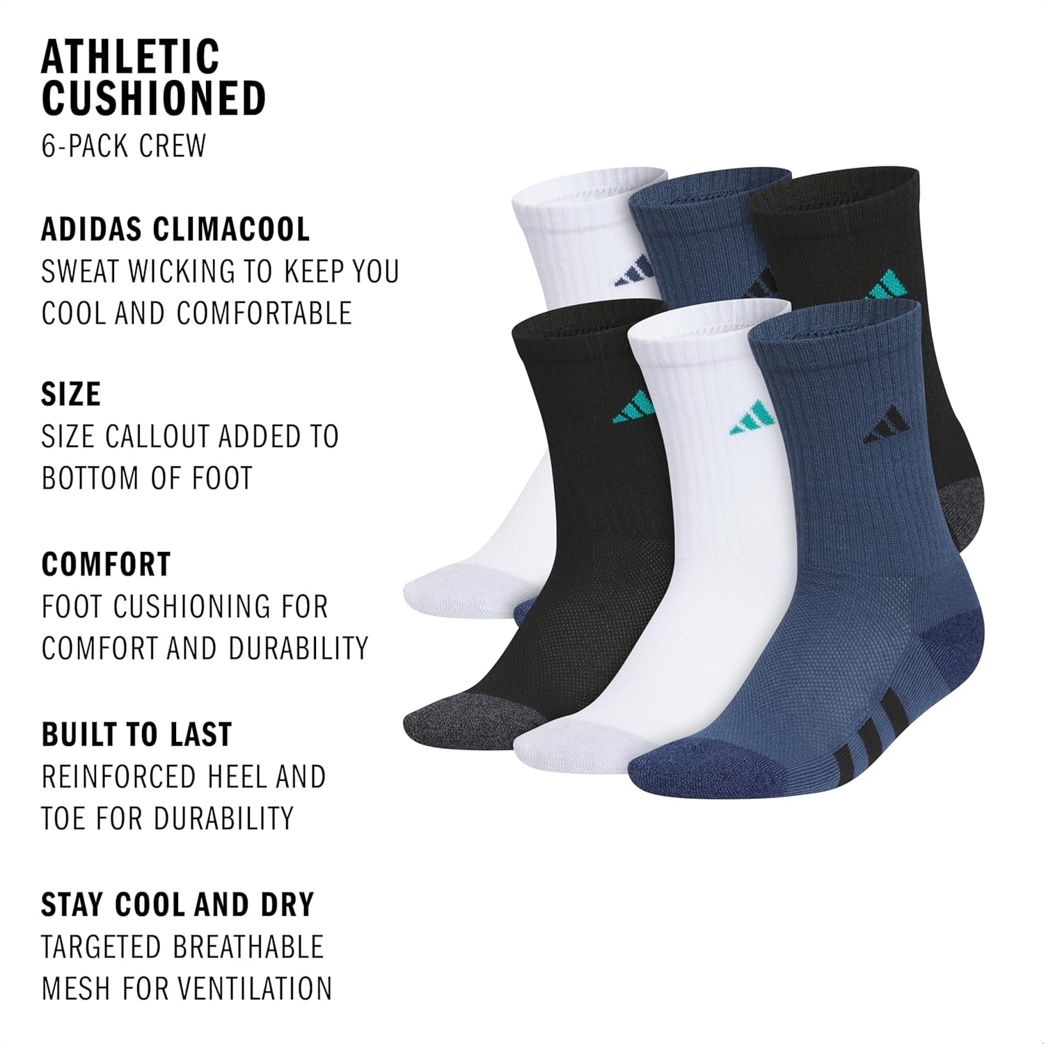 image:imageadidas Kids Cushioned Crew Socks for Boys amp Girls 6 Pairs Durable amp ComfortableWhitePure Teal GreenMineral Blue