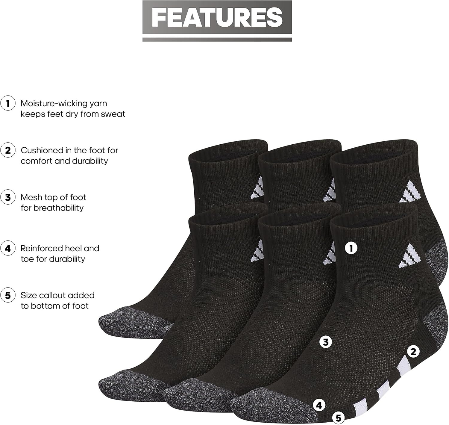 image:imageadidas Kids Cushioned Quarter Ankle Socks for Boys and Girls 6 Pairs Durable amp ComfortableBlackOnix GreyWhite