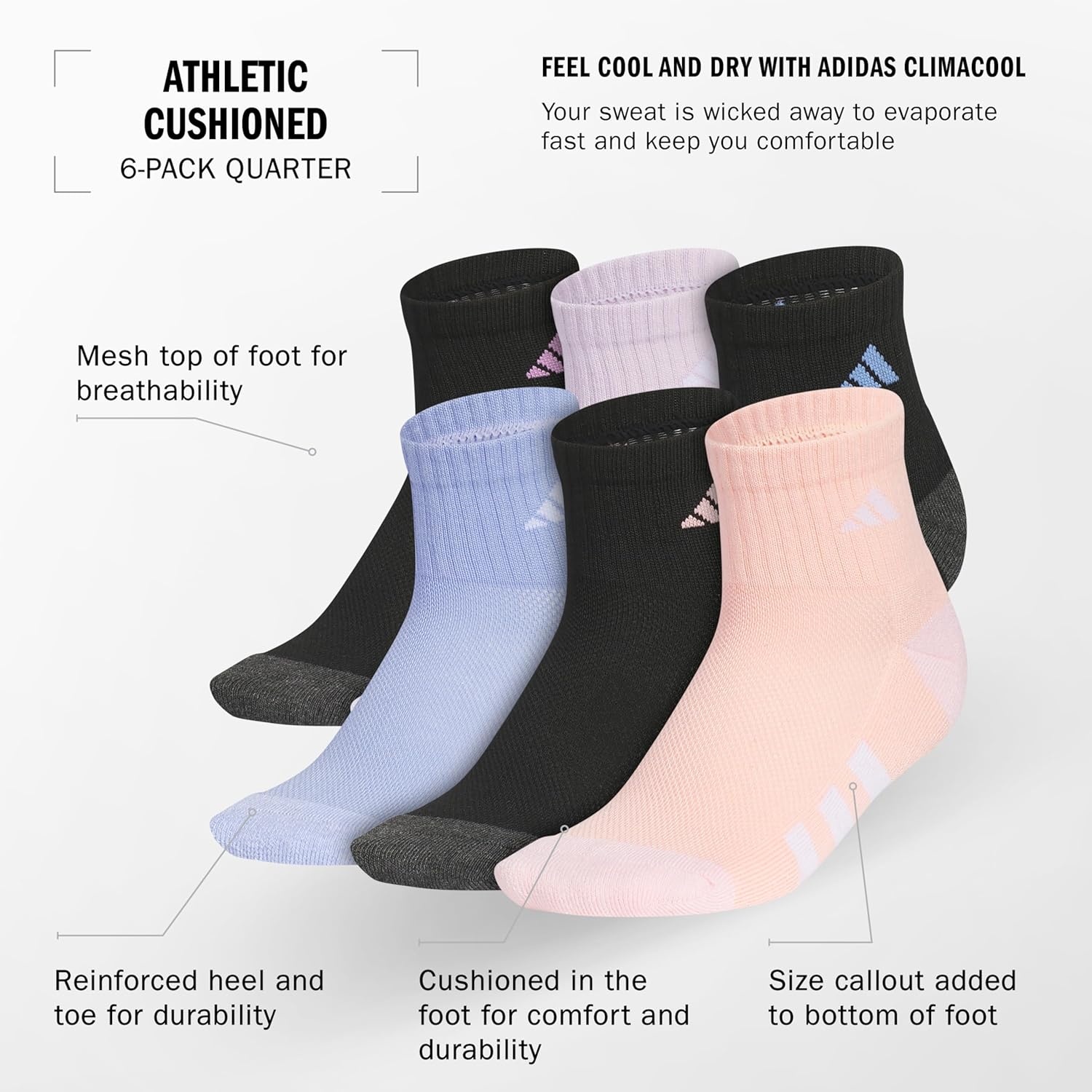 image:imageadidas Kids Cushioned Quarter Ankle Socks for Boys and Girls 6 Pairs Durable amp ComfortableBlackPreloved PurpleIce LavenderGirls