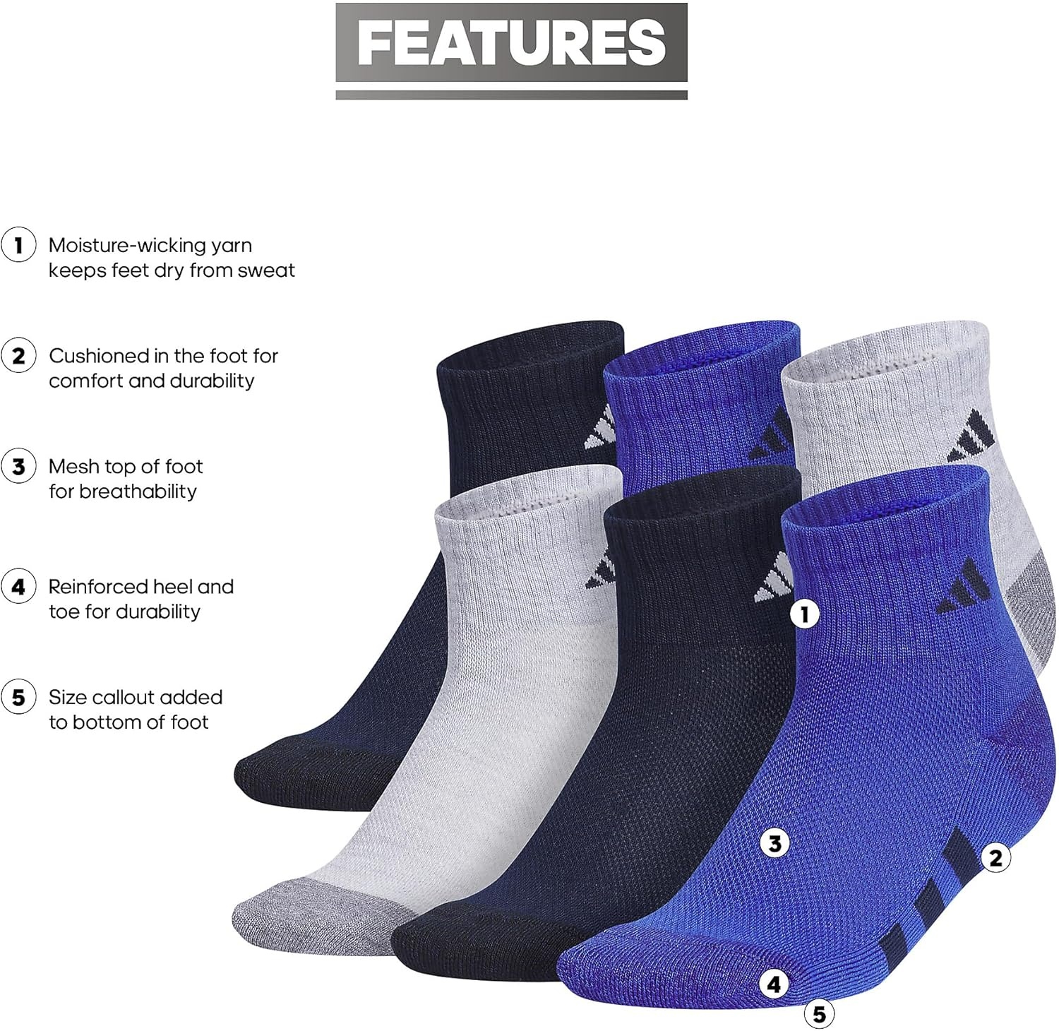 image:imageadidas Kids Cushioned Quarter Ankle Socks for Boys and Girls 6 Pairs Durable amp ComfortableCool Light HeatherCollegiate NavySemi Lucid Blue