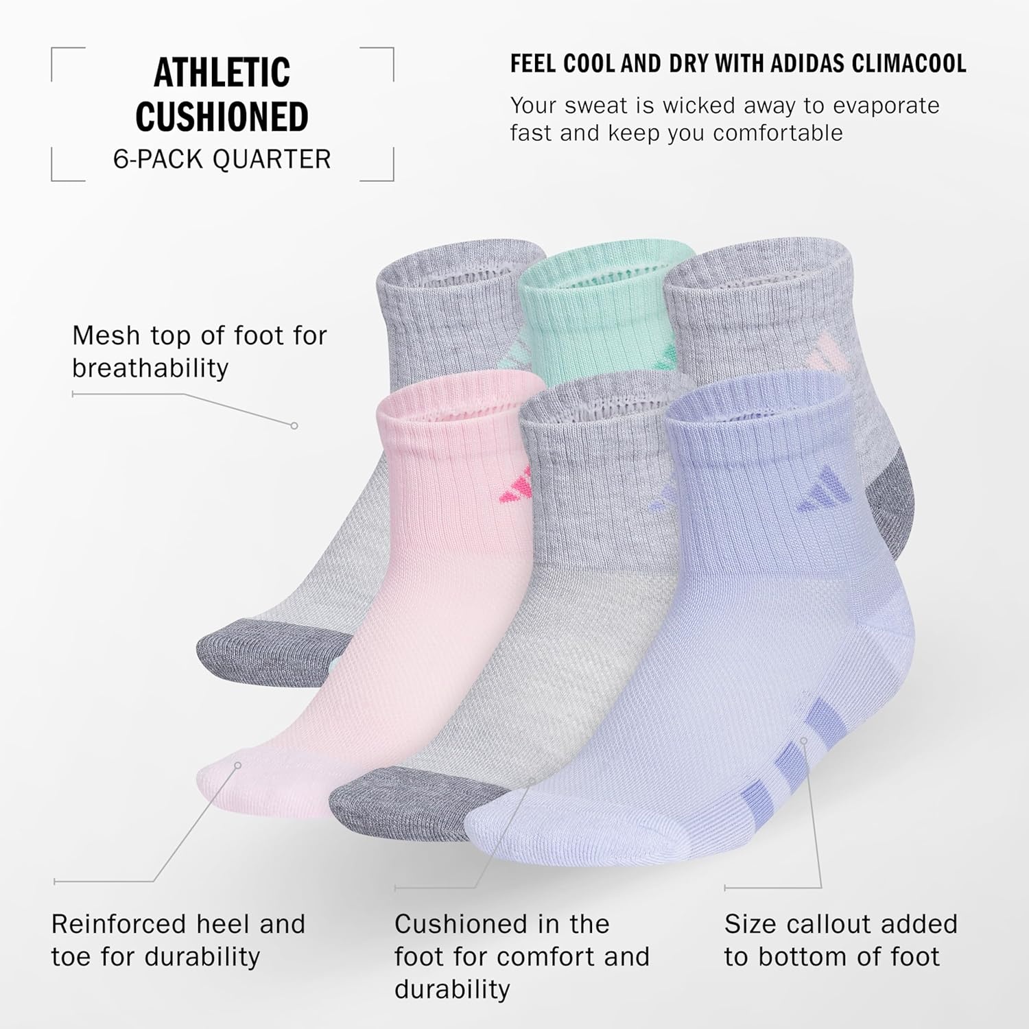 image:imageadidas Kids Cushioned Quarter Ankle Socks for Boys and Girls 6 Pairs Durable amp ComfortableCool Light HeatherGreySemi Flash Aqua BlueGirls