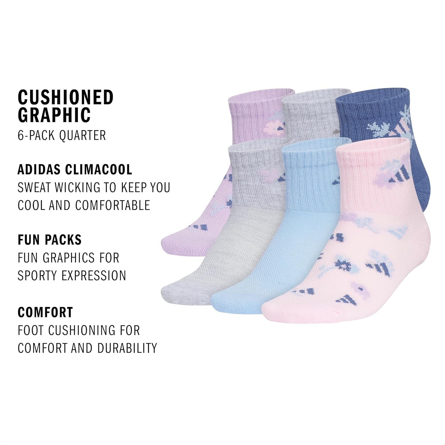 image:imageadidas Kids Cushioned Quarter Ankle Socks for Boys and Girls 6 Pairs Durable amp ComfortablePowder Plum PurpleGlow BlueClear PinkGirlsGraphic