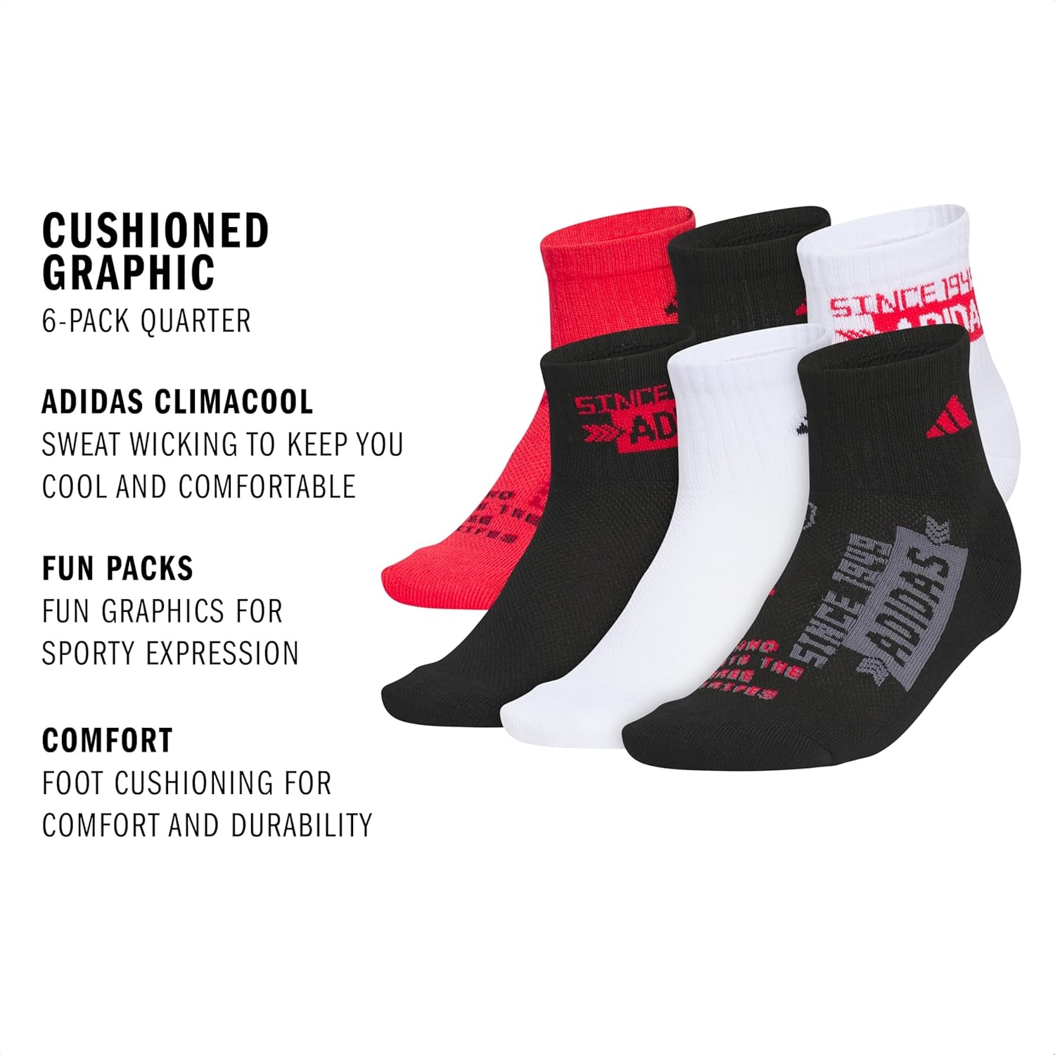 image:imageadidas Kids Cushioned Quarter Ankle Socks for Boys and Girls 6 Pairs Durable amp ComfortablePure Ruby RedBlackWhiteGraphic