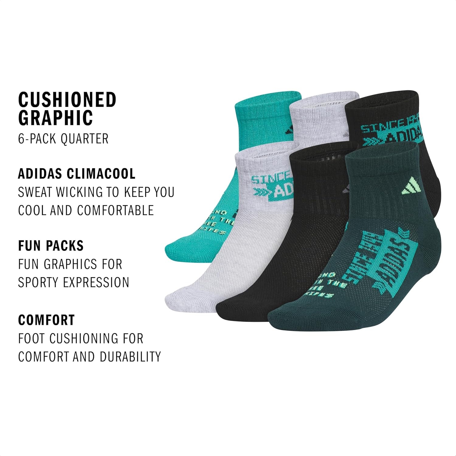 image:imageadidas Kids Cushioned Quarter Ankle Socks for Boys and Girls 6 Pairs Durable amp ComfortablePure Teal GreenCool Light HeatherBlackGraphic
