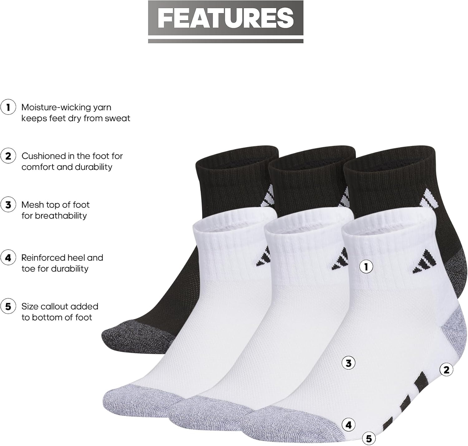 image:imageadidas Kids Cushioned Quarter Ankle Socks for Boys and Girls 6 Pairs Durable amp ComfortableWhiteBlackWhite